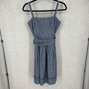 Talbots VTG Chambray Denim Midi Dress Size 14 Blue Wrap Waist Tie Summer Pockets